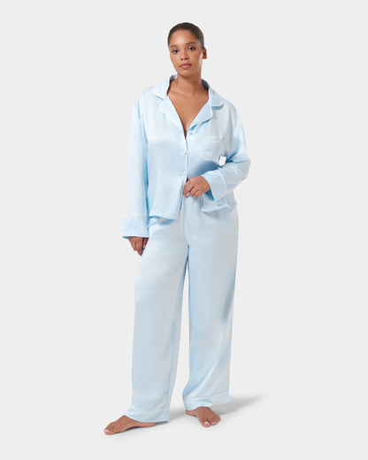 Sara Luxury Satin Long Set Ice Water Blue/White