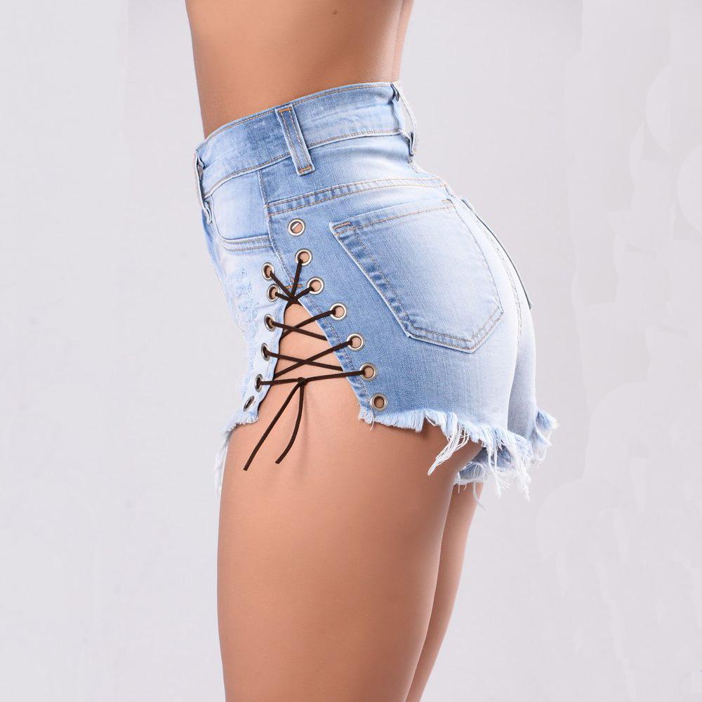 Lace Up Pure Color Denim Bandage Hole Slim Shorts