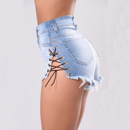 Lace Up Pure Color Denim Bandage Hole Slim Shorts