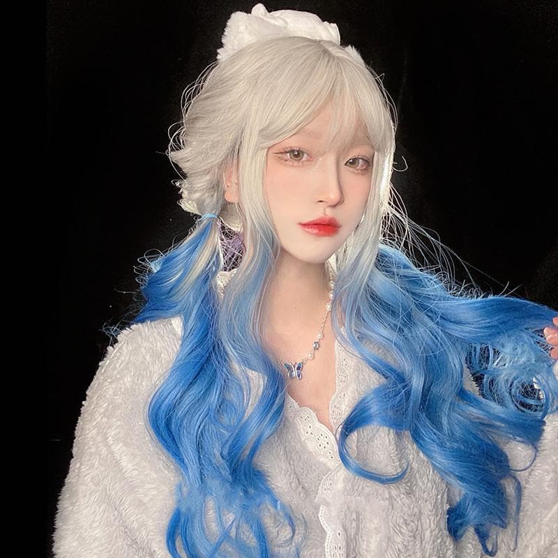 Free Shipping For Hivava White Blue Mixed Large Wavy Long Curly Wig