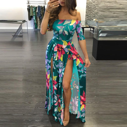 Clearance Off Shoudler Short Sleeves Floral Print Long Split Dress