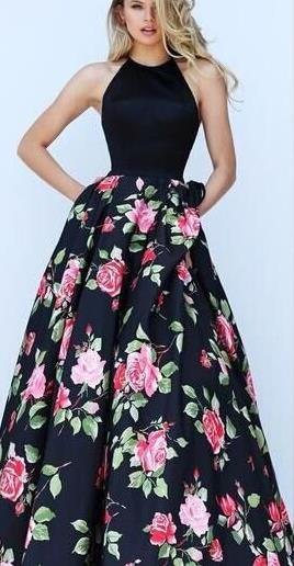 Clearance Halter Sleeveless Flower Print Patchwork Flared Maxi Dress