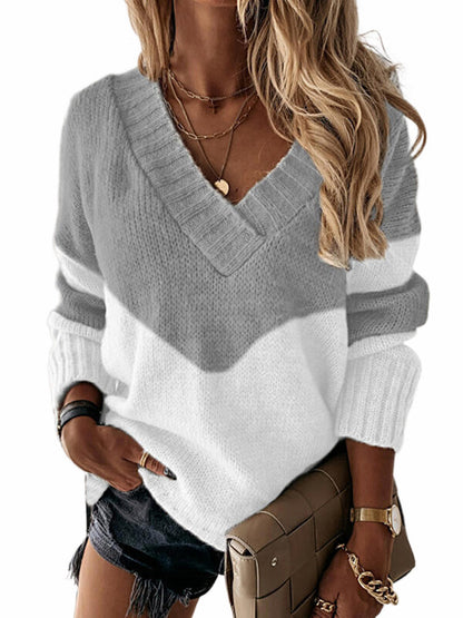 Casual Long Sleeves Loose Contrast Color V-Neck Sweater Tops-Homeunderwear