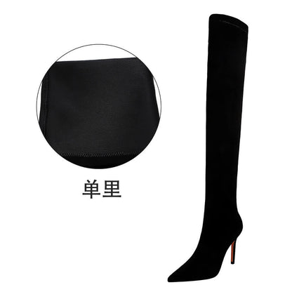 Black Plain Suede Point Toe High Heel Over Knee Boots