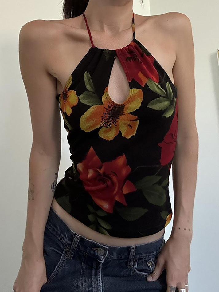 Halter-Neck Floral Print Cut-Out Slim-Fit Crop Cami Top