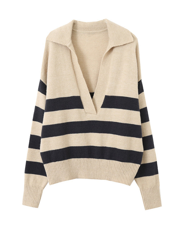 Original Creation Loose Long Sleeves Contrast Color Striped Deep V-Neck Sweater Tops