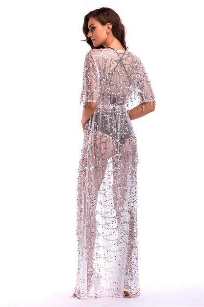 Short-sleeved See-through Sequined Long Dress