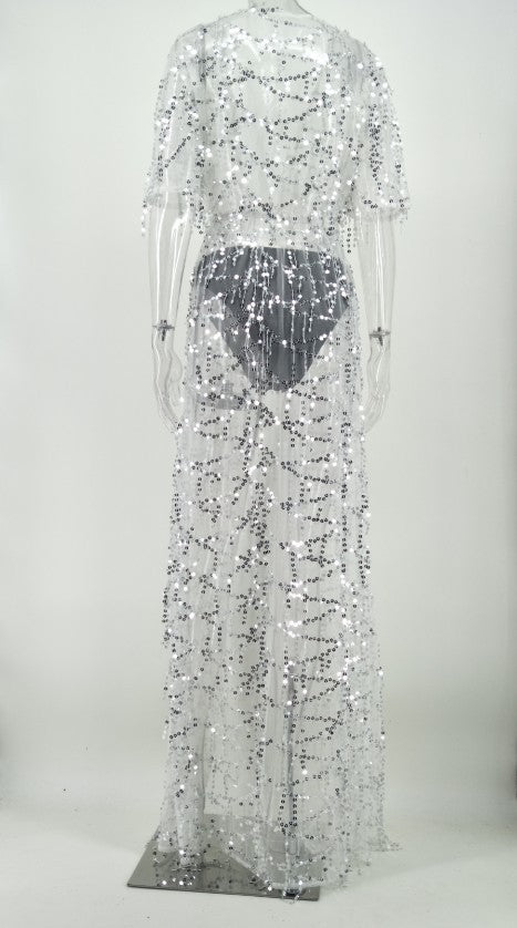 Short-sleeved See-through Sequined Long Dress