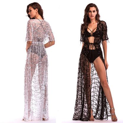 Short-sleeved See-through Sequined Long Dress