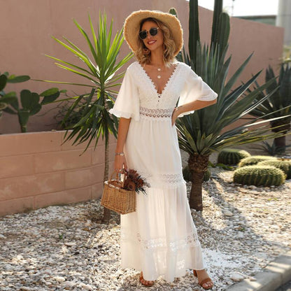 Beach White Chiffon Backless Maxi Dress