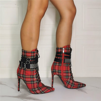 Red Plaid Point Toe Buckle High Heel Calf Boots