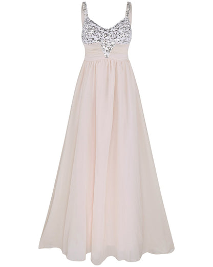 Clearance Pleated Straps Sequined Ruched Long Prom Dress