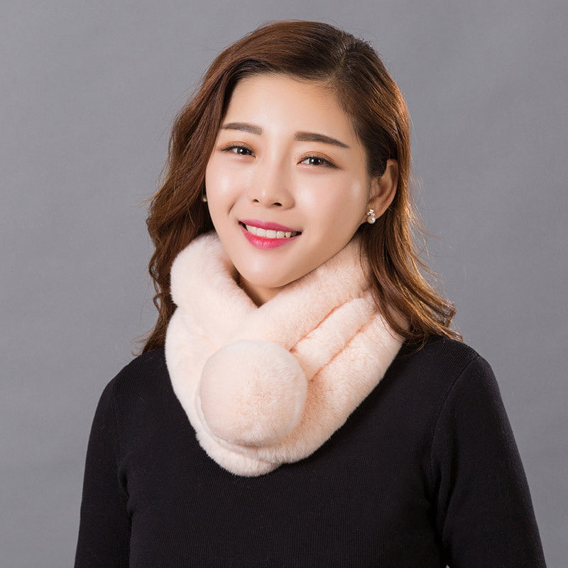 Warm Real Rabbit Fur Scarf with Big Pom Pom