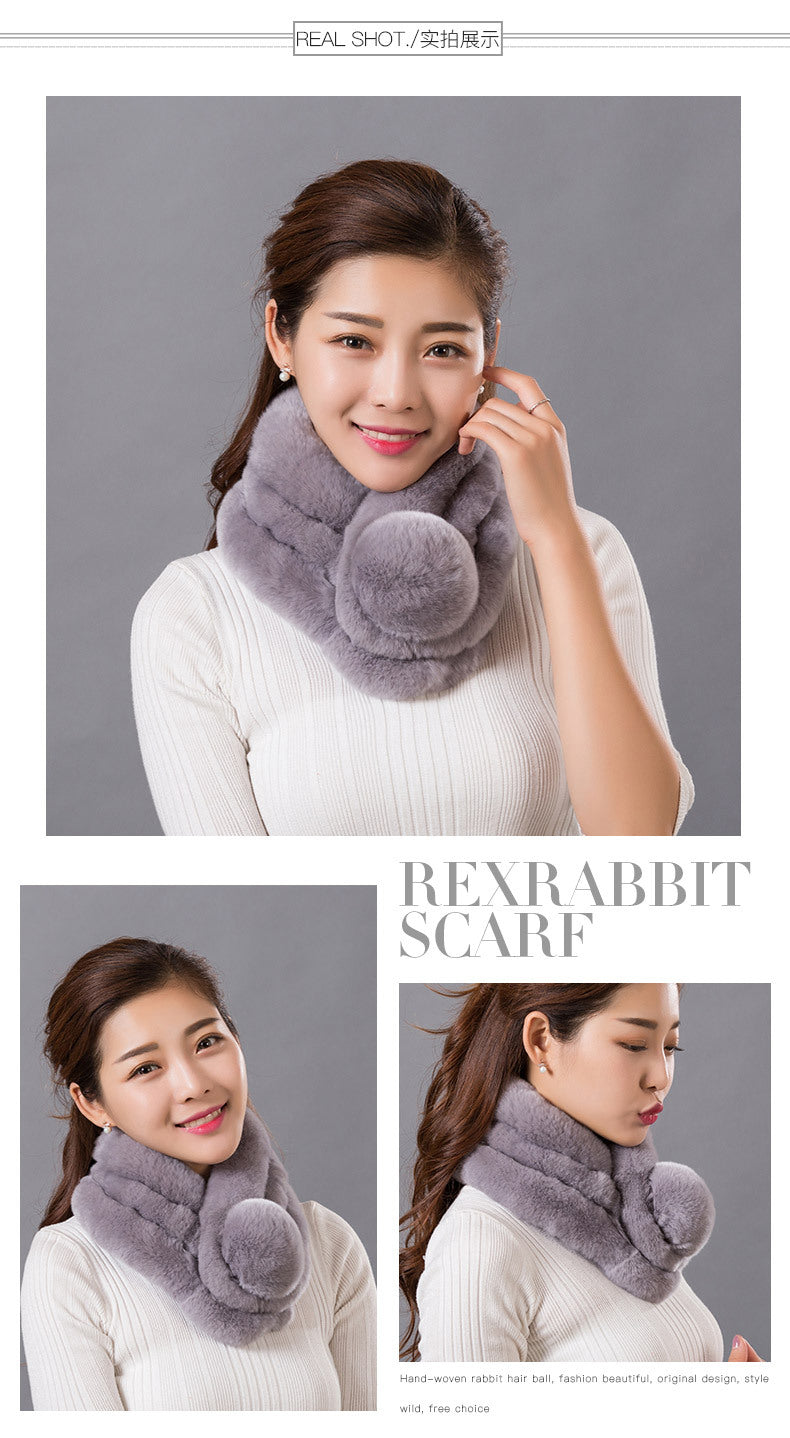 Warm Real Rabbit Fur Scarf with Big Pom Pom