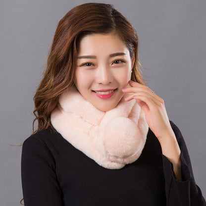 Warm Real Rabbit Fur Scarf with Big Pom Pom