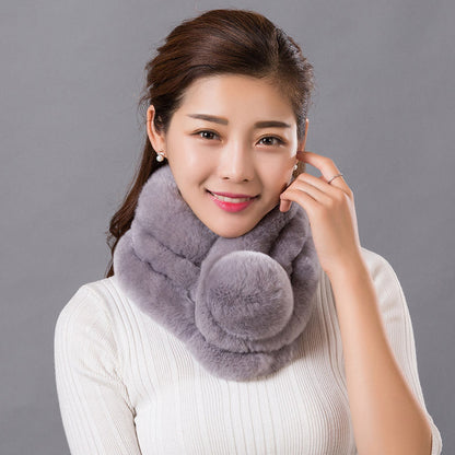 Warm Real Rabbit Fur Scarf with Big Pom Pom