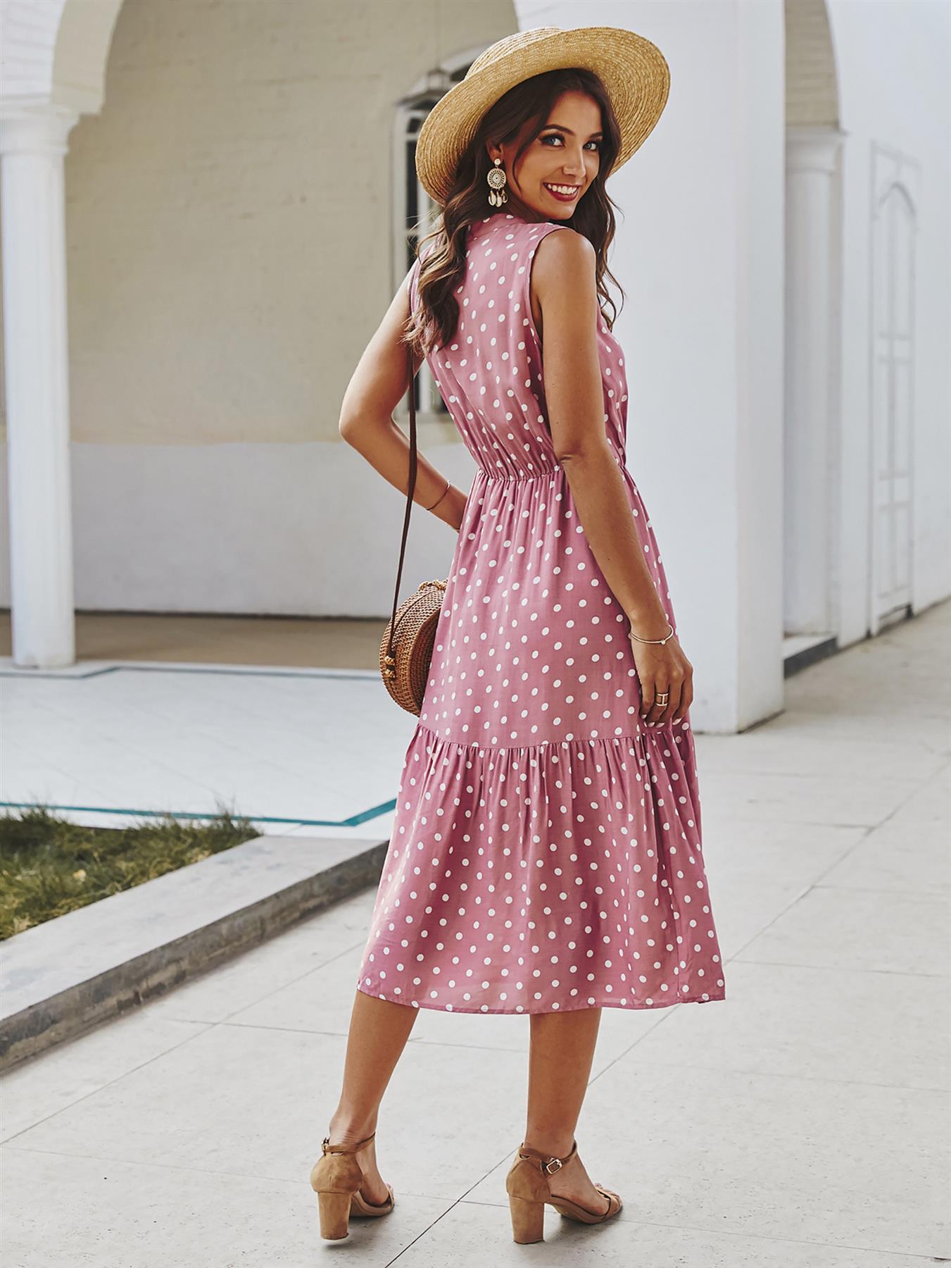 Tiered Midi Dress In Pink Polka Dot