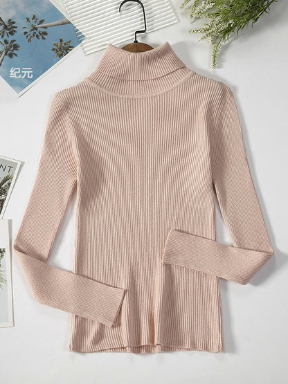 Simple Skinny Solid Color High-Neck Sweater Tops-Homeunderwear