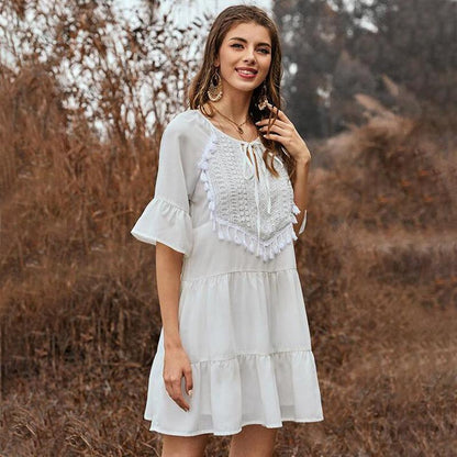 Ruffle Fringe Neckline Lace Up Flared Sleeve Dress