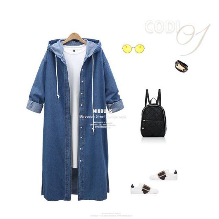 Autumn And Winter New Hooded Long Sleeved Denim Coat Single Breasted Long Windbreaker