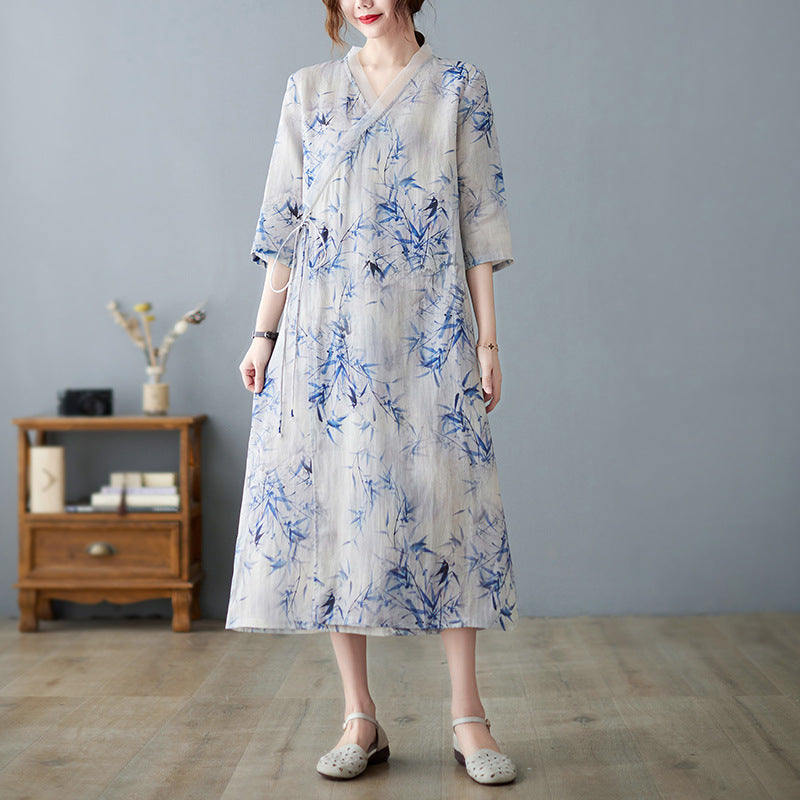 Korean Style Artistic Printed Loose Belted Dress