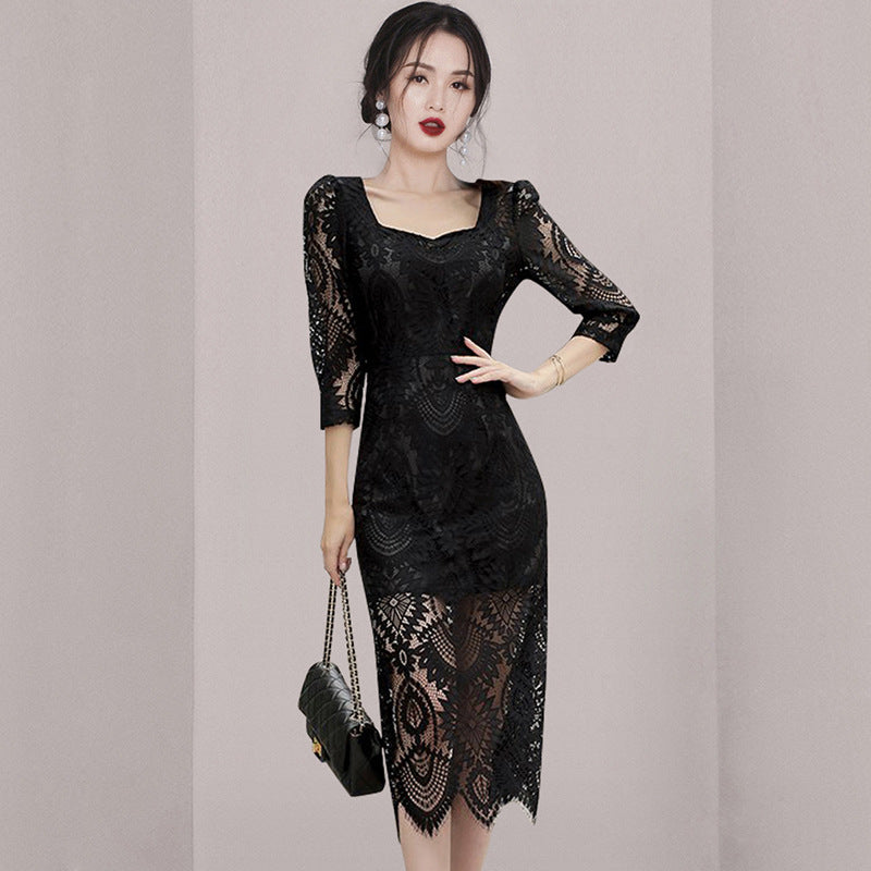 Lace Square Neck Hollow Out Midi Dress