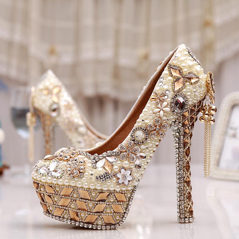 Champagne Rhinestone Pearl Handmade Super High Heel Wedding Shoes