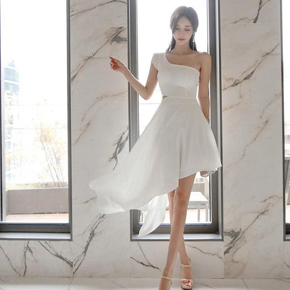 Fashion Off-Waist Oblique Shoulder Bridesmaid Irregular Hem Dress