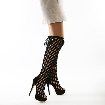 New Cut-Out Lace Up Knee High Heel Sandals