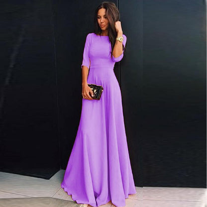 Slim Pure Color 3/4 Sleeves Pleated Long Maxi Dress