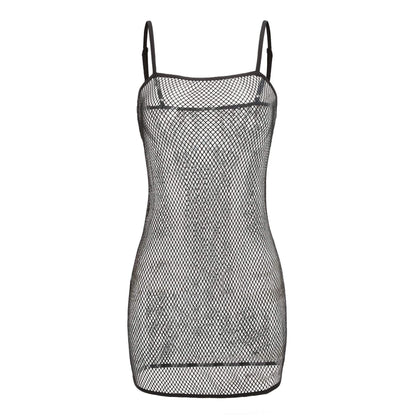 Pure Color Mesh hollow out Short Beach Sling Dress