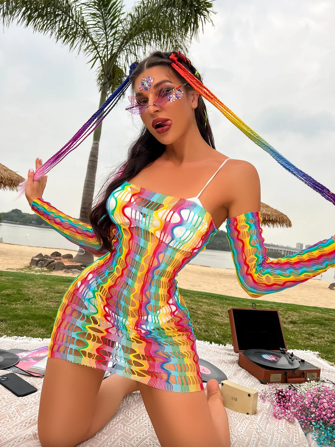 Free shipping for Summer Rainbow Lingerie Fishnet Bodysuit Dress