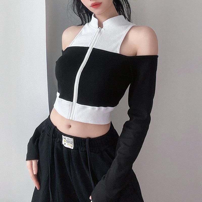 Off shoulder fake two piece contrast long sleeve T-shirt-homeunderwear