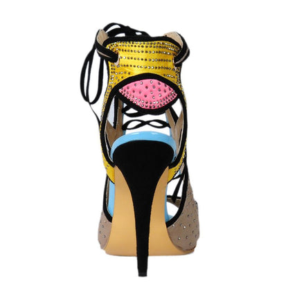 Contrast Color Rhinestone Fish Mouth High-Heeled ROMAN SANDALS