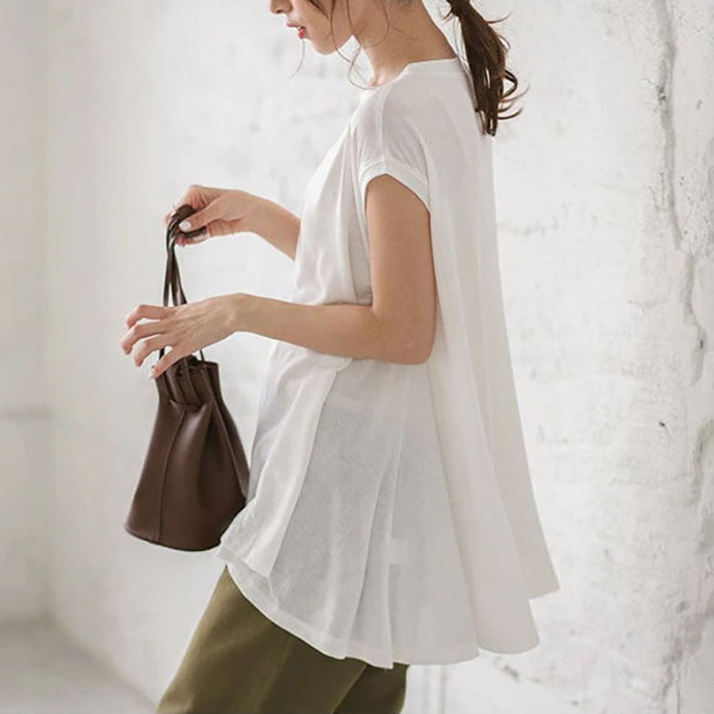 Casual Simple Loose Solid Color Pleated Round-Neck Short Sleeves T-Shirt Tops