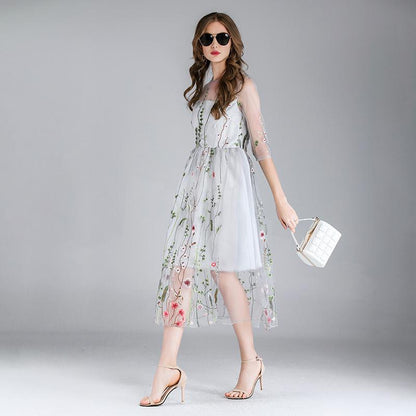 Embroidery Flowers Transparent Mesh Patchwork Tee-length Dress