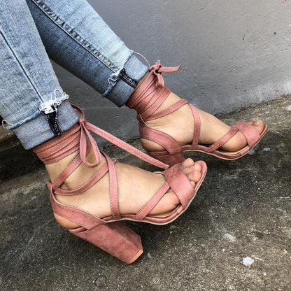 Open Toe Ankle Wraps Lace Up Chunky Heels Sandals