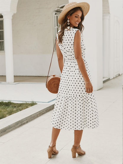 Tiered Midi Dress In White Polka Dot