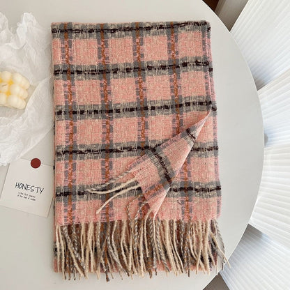 Imitated Cashmere Plaid Thickened Tassled Scarf