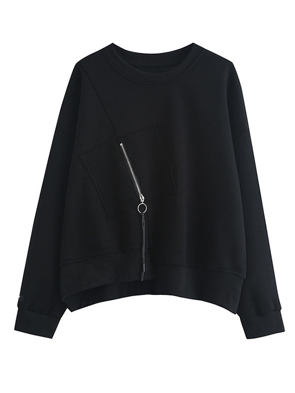 Casual Loose Long Sleeves Asymmetric Solid Color Zipper Round-Neck Sweatshirt Tops-Homeunderwear