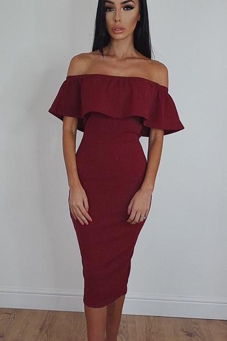 Clearance Off Shoulder Ruffle Solid Sheath Knee-length Dress