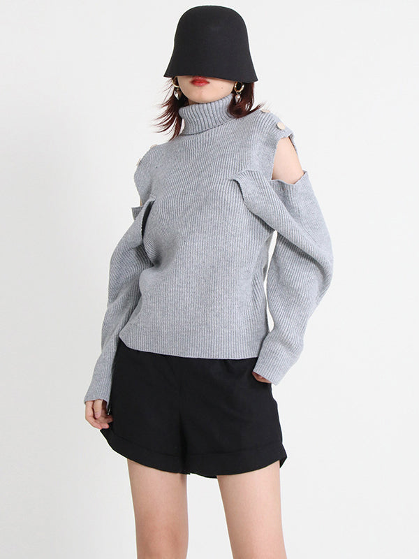 Casual Long Sleeves Loose Hollow Solid Color High-Neck Sweater Tops