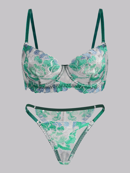 Free Shipping For Green Leaves Embroidery Lingerie Set