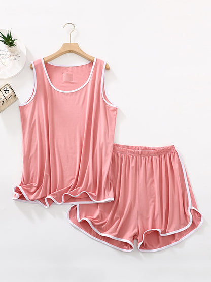 Solid Color Sleeveless Loose Vest Top + Elasticity Pleated Shorts Bottom Pajama Sets