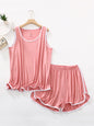 Solid Color Sleeveless Loose Vest Top + Elasticity Pleated Shorts Bottom Pajama Sets