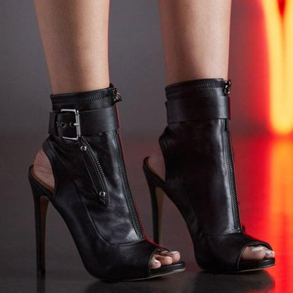 Casual Leather Buckle Peep Toe Zipper High Heel Boots