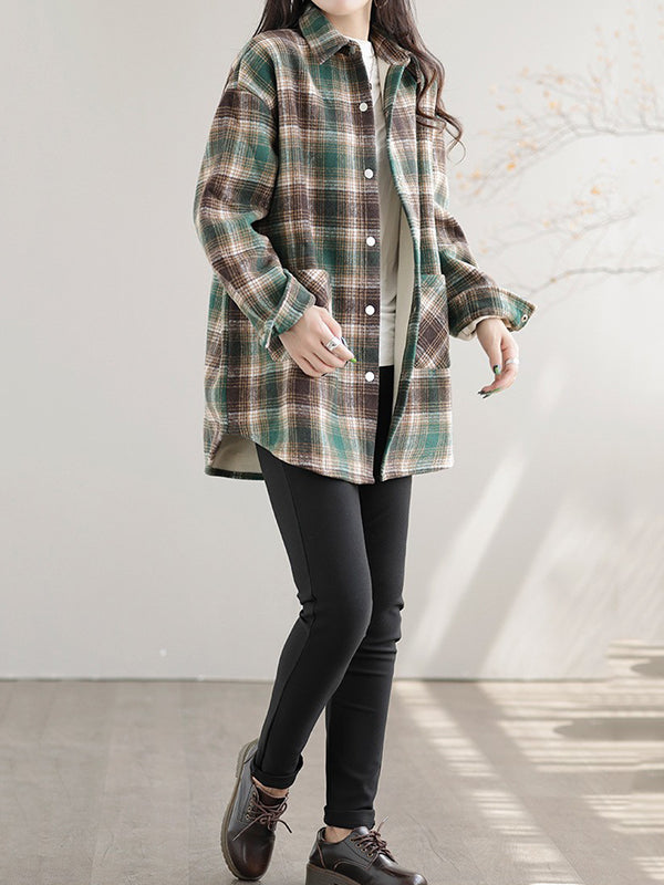 Artistic Retro Loose Long Sleeves Keep Warm Plaid Lapel Collar With Velvet Blouses&Shirts Tops-Homeunderwear