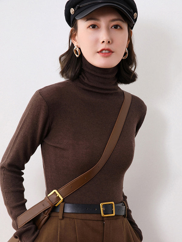 Simple Skinny Long Sleeves Solid Color High-Neck Sweater Tops Pullovers-Homeunderwear