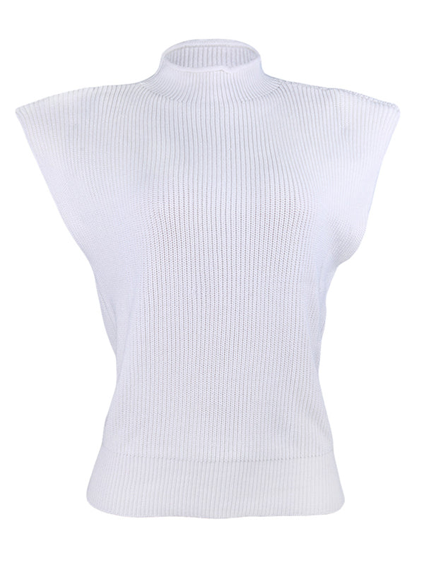 Casual Cap Sleeve Solid Color High-Neck Sweater Tops Pullovers-Homeunderwear