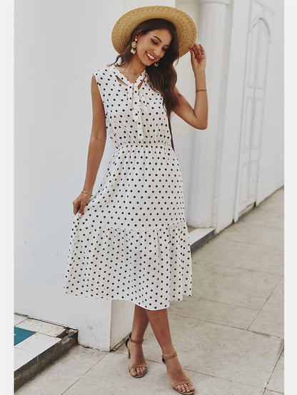 Tiered Midi Dress In White Polka Dot